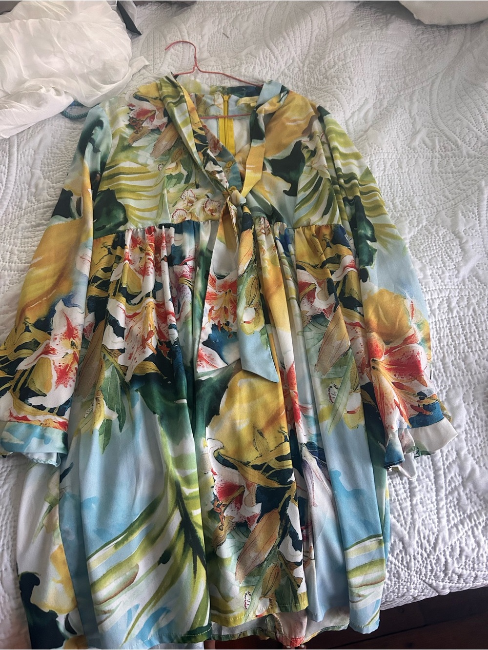 Floral Tie-Waist Long Sleeve Midi Dress in Yellow & Blue